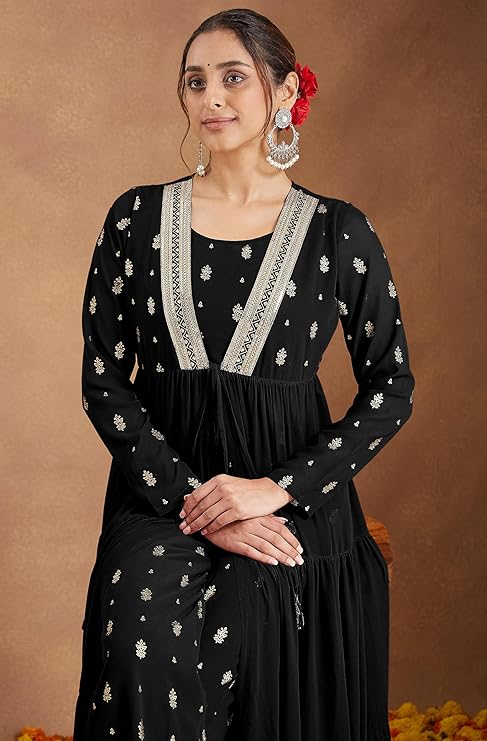 Women's Georgette Embellished Gold Printed Front-open Tiered Kurta Pant Set