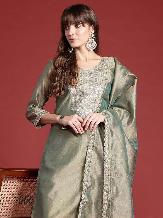 Womens Silk Blend Liva Embroidered Straight Kurta Pant Dupatta Set