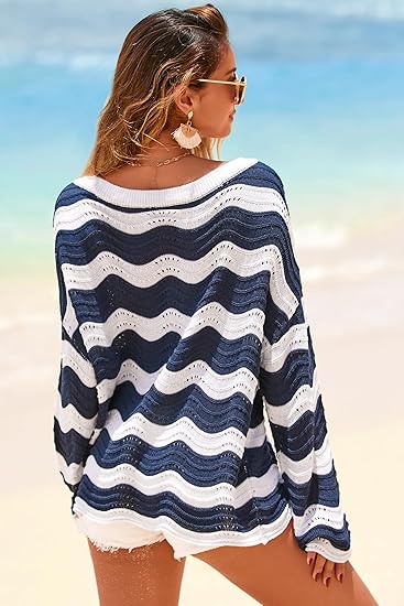 Women's Linen Blend Crochet Bell Sleeve Beach Vacation Striped Tops 2026