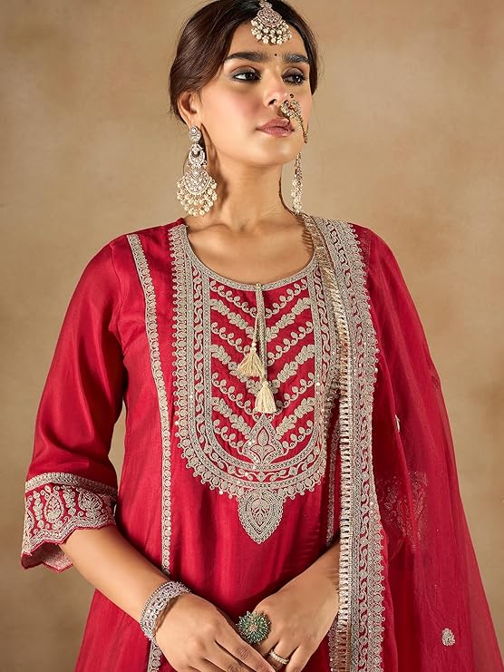Womens Silk Blend Embroidered A-Line Kurta Pant Dupatta Set