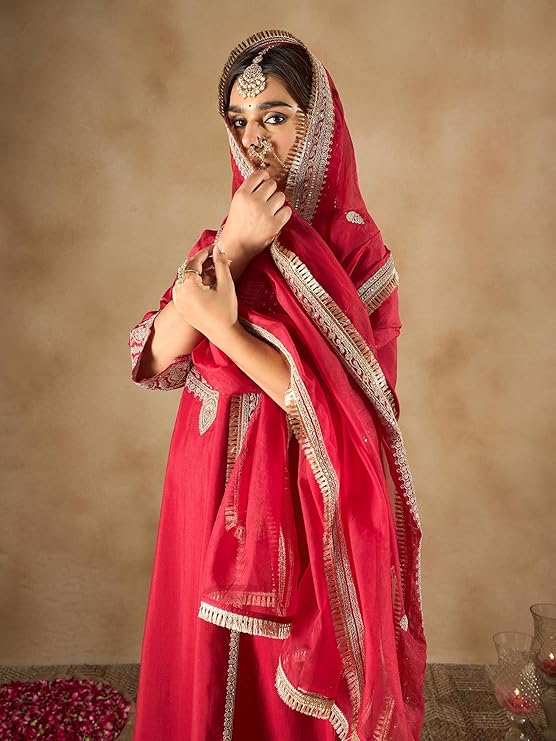 Womens Silk Blend Embroidered A-Line Kurta Pant Dupatta Set