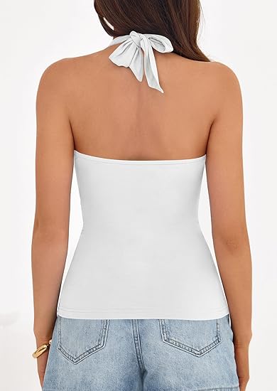 Womens Halter Top 2026 Spring Tie Wrap Sleeveless Ruched V Neck Fitted Summer Tops Backless Fashion