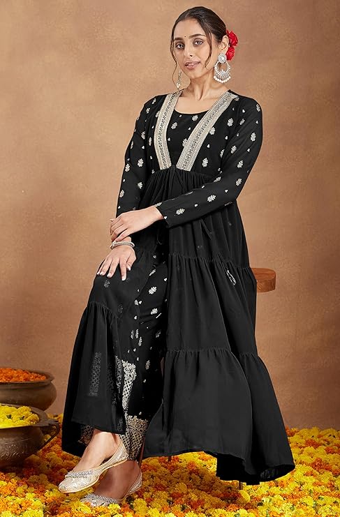 Women's Georgette Embellished Gold Printed Front-open Tiered Kurta Pant Set