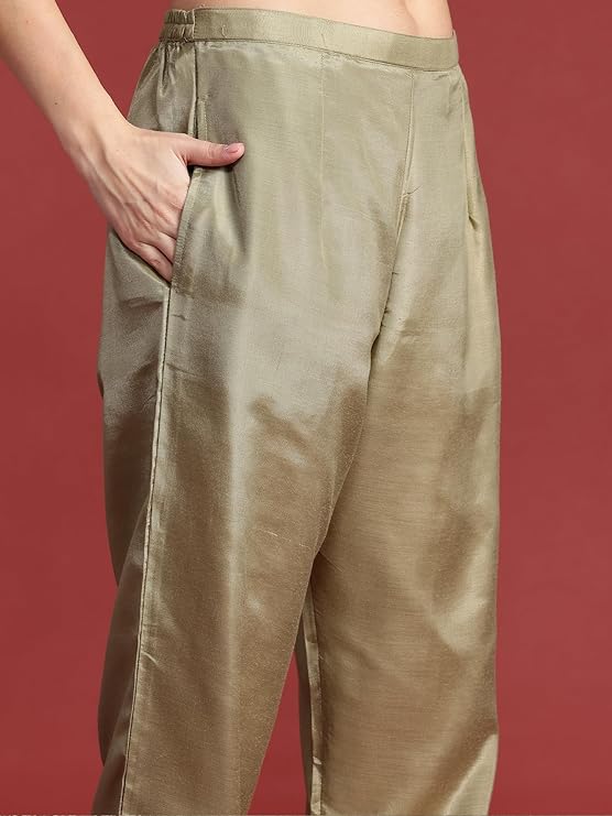 Womens Silk Blend Liva Embroidered Straight Kurta Pant Dupatta Set