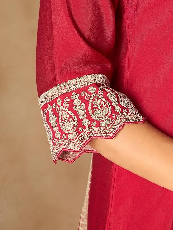 Womens Silk Blend Embroidered A-Line Kurta Pant Dupatta Set