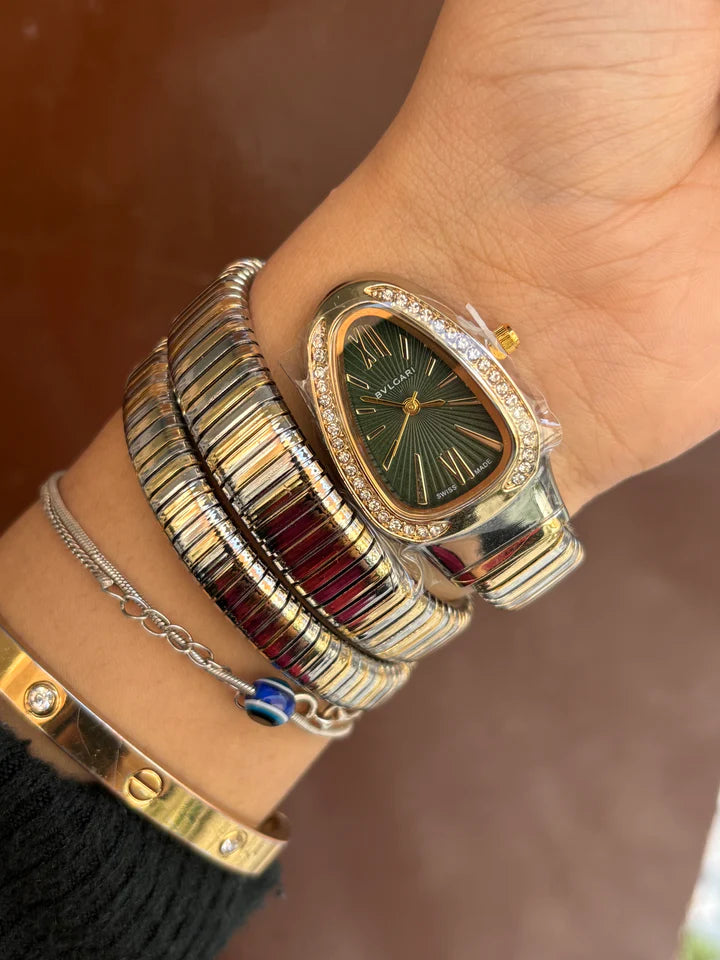 Dual Golden Women Spiral Watch (Green Dial)
