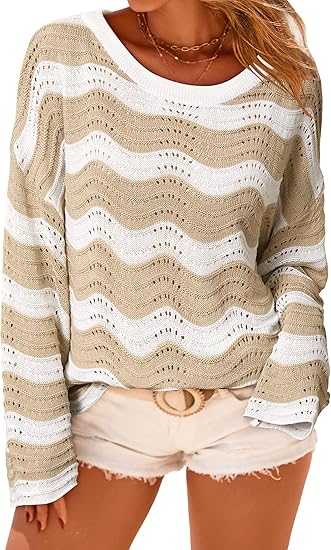 Women's Linen Blend Crochet Bell Sleeve Beach Vacation Striped Tops 2026