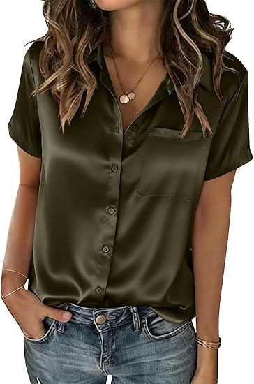Satin Blouses for Women Silk Button Down Shirts Short Sleeve Business Casual Top