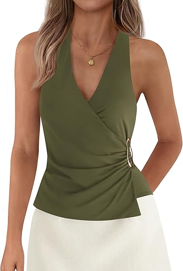 Womens Halter Top 2026 Spring Tie Wrap Sleeveless Ruched V Neck Fitted Summer Tops Backless Fashion
