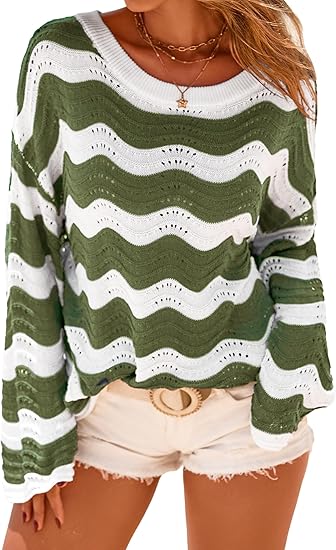 Women's Linen Blend Crochet Bell Sleeve Beach Vacation Striped Tops 2026