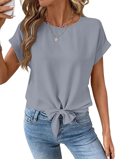 Womens Bow Knot Hem Short Sleeve Blouses Dressy Casual Summer Crewneck T Shirts Going Out Tops