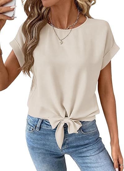 Womens Bow Knot Hem Short Sleeve Blouses Dressy Casual Summer Crewneck T Shirts Going Out Tops