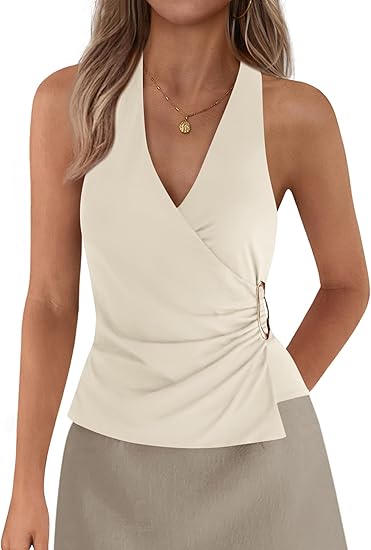 Womens Halter Top 2026 Spring Tie Wrap Sleeveless Ruched V Neck Fitted Summer Tops Backless Fashion