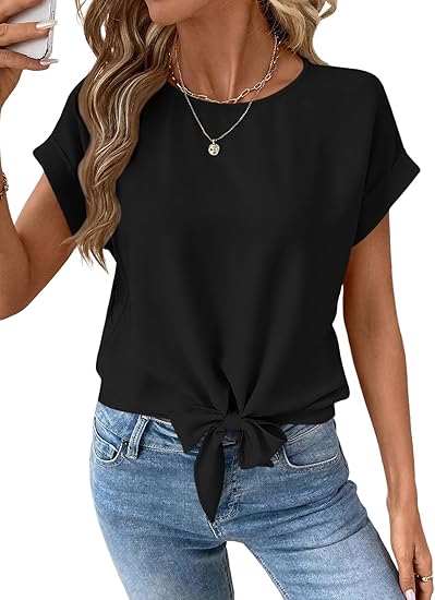 Womens Bow Knot Hem Short Sleeve Blouses Dressy Casual Summer Crewneck T Shirts Going Out Tops