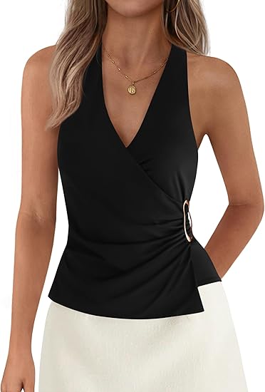 Womens Halter Top 2026 Spring Tie Wrap Sleeveless Ruched V Neck Fitted Summer Tops Backless Fashion