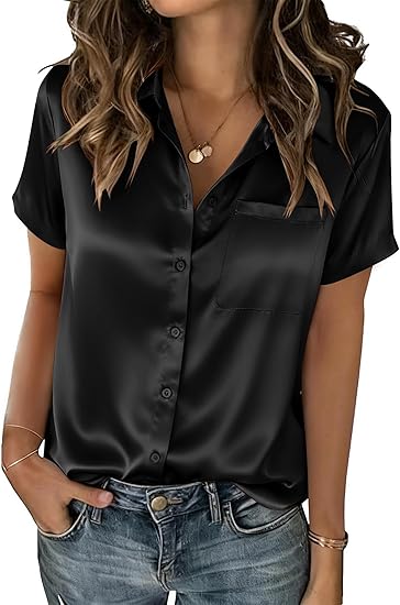 Satin Blouses for Women Silk Button Down Shirts Short Sleeve Business Casual Top