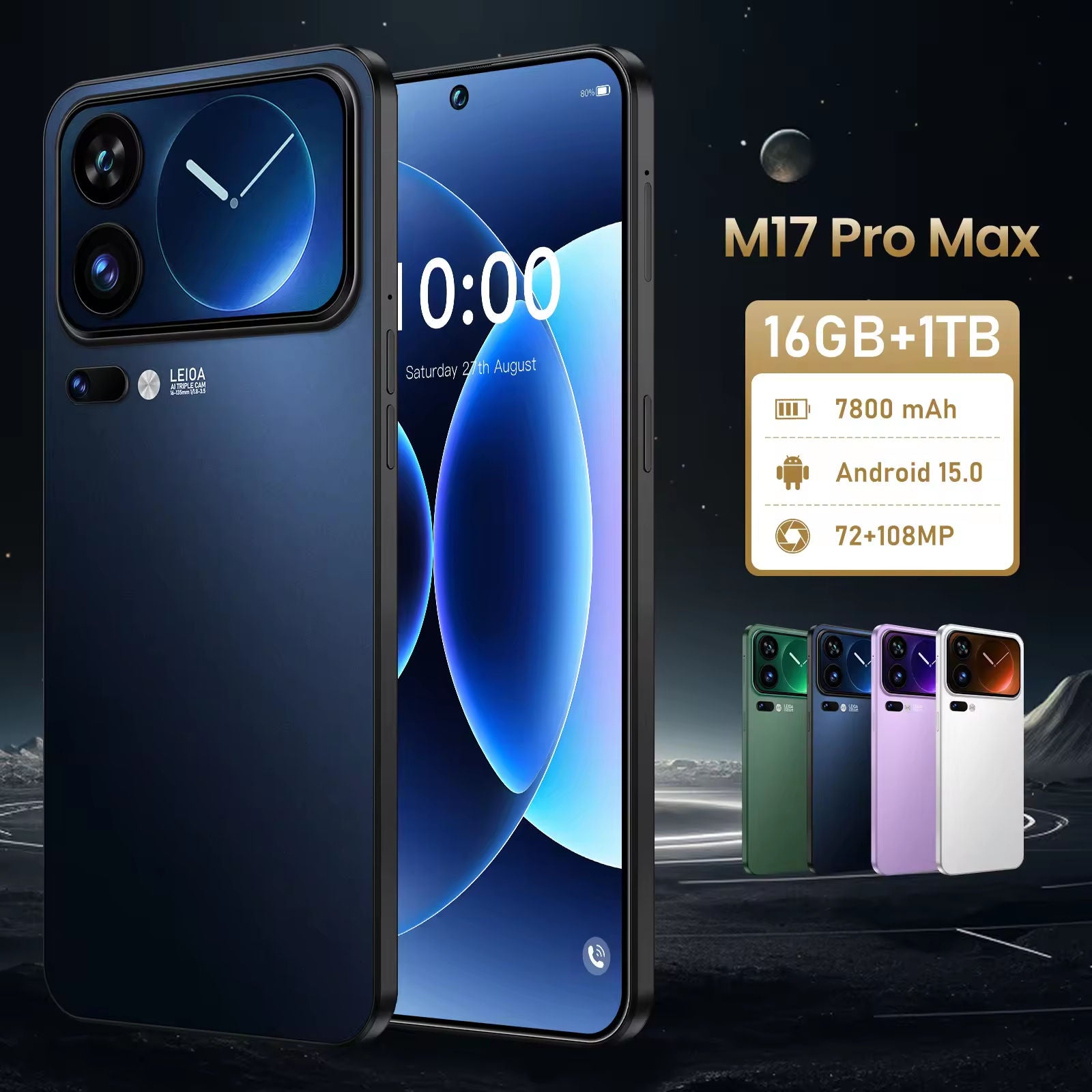 M17 Pro Max Android 15 16+1TB 108MP 3G 4G 5G Smartphone HDScreen Battery Long Life