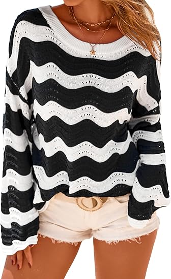 Women's Linen Blend Crochet Bell Sleeve Beach Vacation Striped Tops 2026