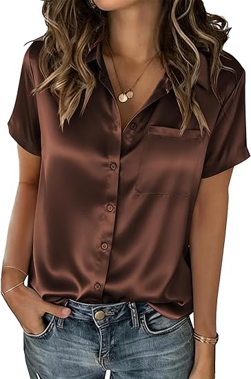 Satin Blouses for Women Silk Button Down Shirts Short Sleeve Business Casual Top