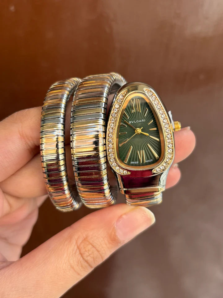 Dual Golden Women Spiral Watch (Green Dial)
