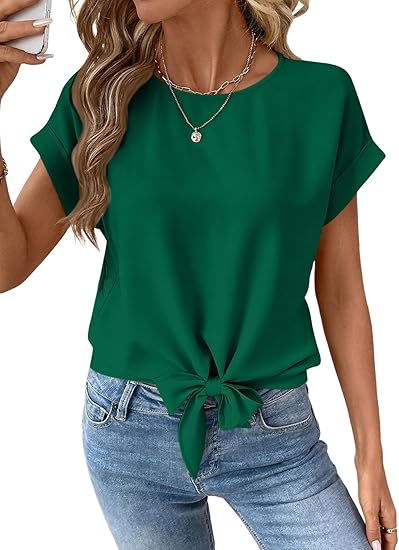 Womens Bow Knot Hem Short Sleeve Blouses Dressy Casual Summer Crewneck T Shirts Going Out Tops