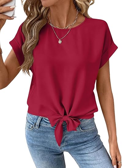 Womens Bow Knot Hem Short Sleeve Blouses Dressy Casual Summer Crewneck T Shirts Going Out Tops