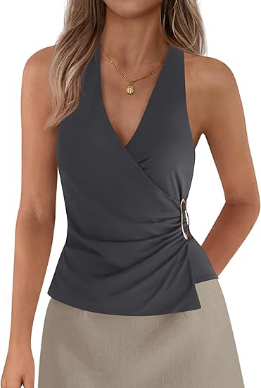 Womens Halter Top 2026 Spring Tie Wrap Sleeveless Ruched V Neck Fitted Summer Tops Backless Fashion