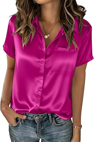 Satin Blouses for Women Silk Button Down Shirts Short Sleeve Business Casual Top
