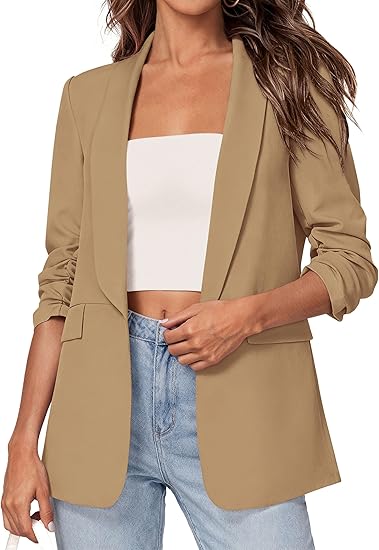 Women's 2026 Spring Blazers Business Casual Outfits Open Front Ruched 3/4 Sleeve Lightweight Work Suits Jacket