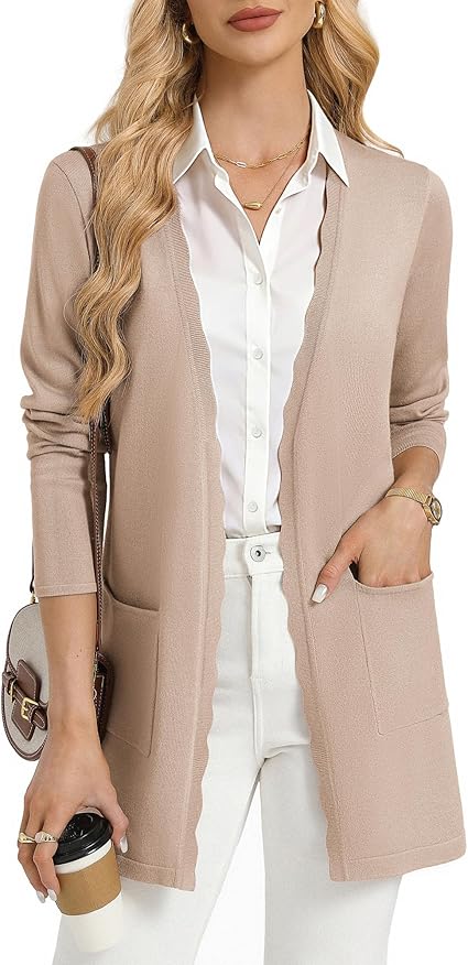 Womens Long Cardigans Trendy, Lightweight Knit Blazer, Casual Open Front Spring Sweaters with Pockets