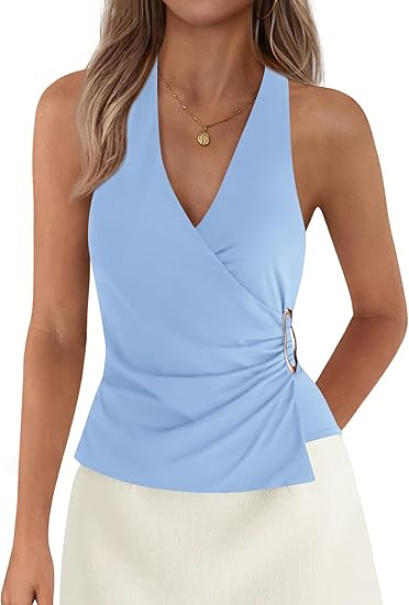 Womens Halter Top 2026 Spring Tie Wrap Sleeveless Ruched V Neck Fitted Summer Tops Backless Fashion