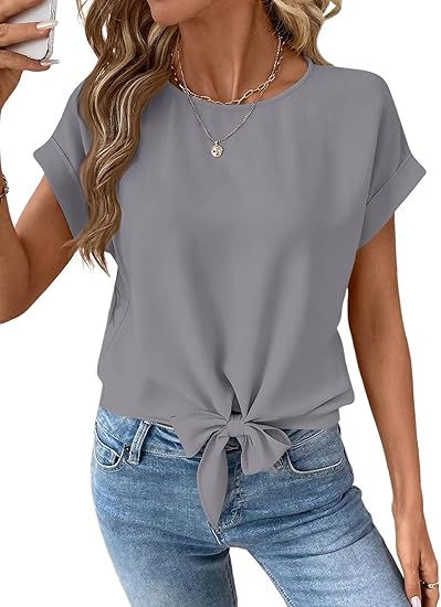 Womens Bow Knot Hem Short Sleeve Blouses Dressy Casual Summer Crewneck T Shirts Going Out Tops