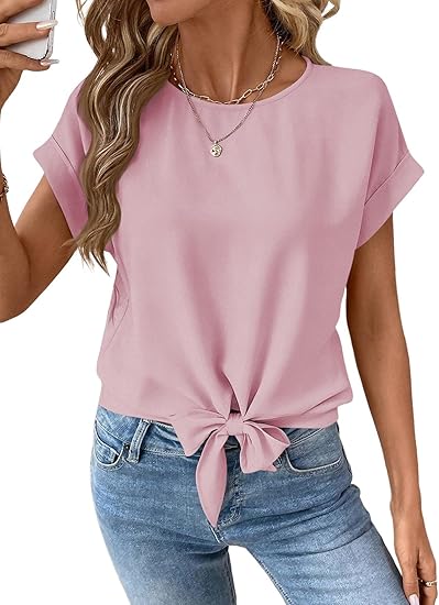 Womens Bow Knot Hem Short Sleeve Blouses Dressy Casual Summer Crewneck T Shirts Going Out Tops