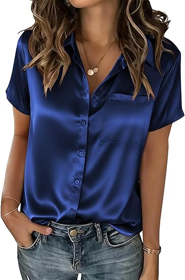 Satin Blouses for Women Silk Button Down Shirts Short Sleeve Business Casual Top