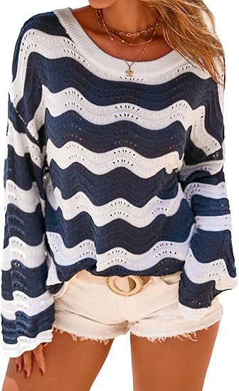 Women's Linen Blend Crochet Bell Sleeve Beach Vacation Striped Tops 2026