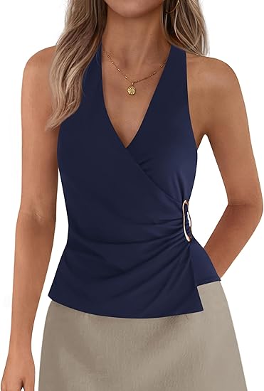 Womens Halter Top 2026 Spring Tie Wrap Sleeveless Ruched V Neck Fitted Summer Tops Backless Fashion