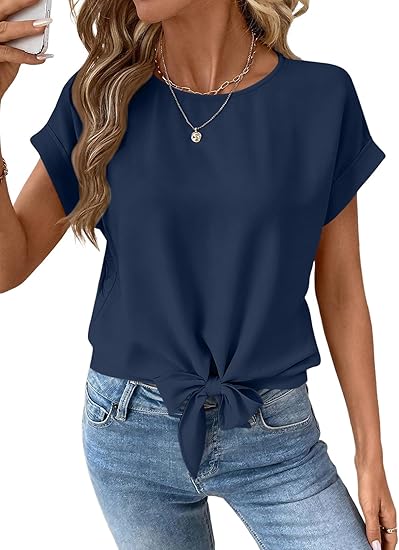 Womens Bow Knot Hem Short Sleeve Blouses Dressy Casual Summer Crewneck T Shirts Going Out Tops