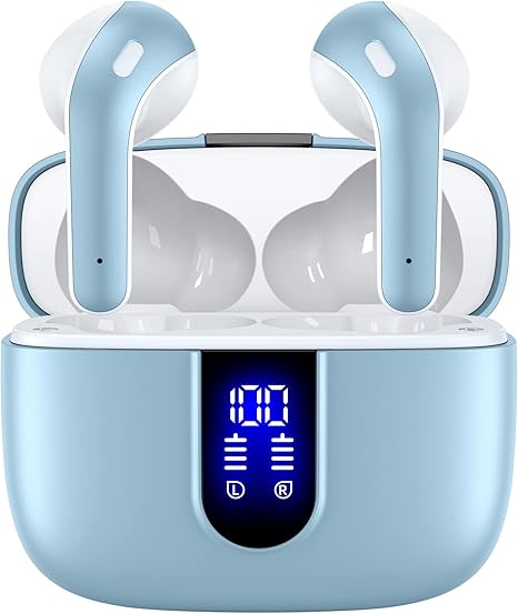 Bluetooth Headphones True Wireless Earbuds 60H Playback LED Power Display Earphones with Wireless Charging Case IPX5 Waterproof in-Ear Ear buds with Mic for TV Smart Phone Laptop Computer Sports