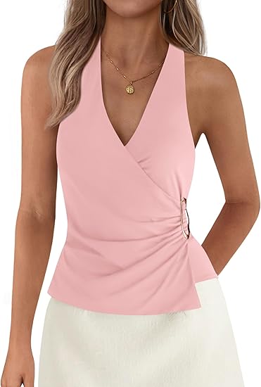 Womens Halter Top 2026 Spring Tie Wrap Sleeveless Ruched V Neck Fitted Summer Tops Backless Fashion