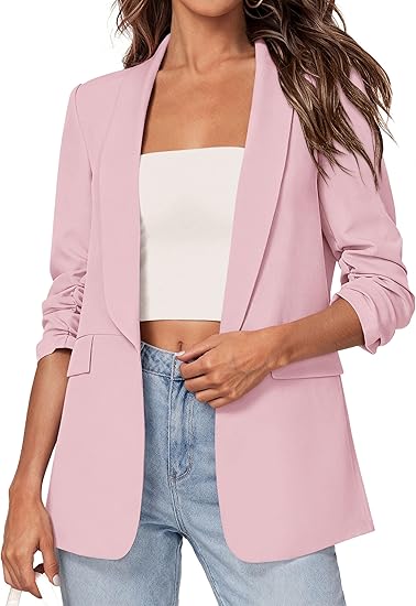 Women's 2026 Spring Blazers Business Casual Outfits Open Front Ruched 3/4 Sleeve Lightweight Work Suits Jacket