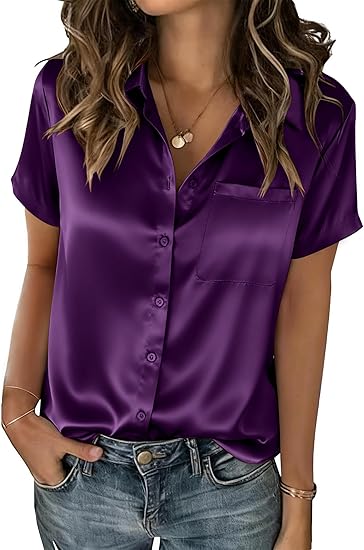 Satin Blouses for Women Silk Button Down Shirts Short Sleeve Business Casual Top