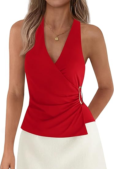 Womens Halter Top 2026 Spring Tie Wrap Sleeveless Ruched V Neck Fitted Summer Tops Backless Fashion
