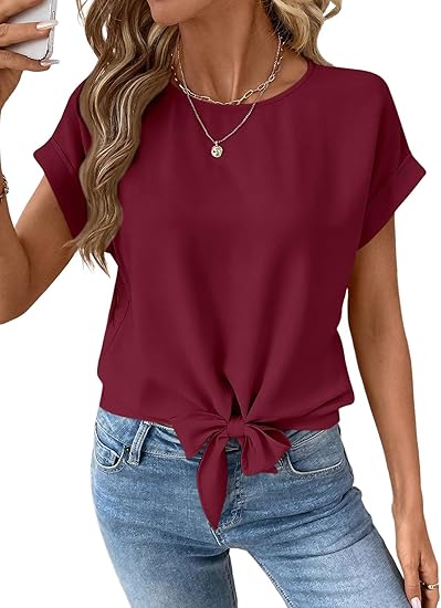 Womens Bow Knot Hem Short Sleeve Blouses Dressy Casual Summer Crewneck T Shirts Going Out Tops