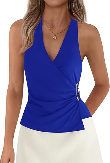 Womens Halter Top 2026 Spring Tie Wrap Sleeveless Ruched V Neck Fitted Summer Tops Backless Fashion