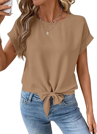 Womens Bow Knot Hem Short Sleeve Blouses Dressy Casual Summer Crewneck T Shirts Going Out Tops