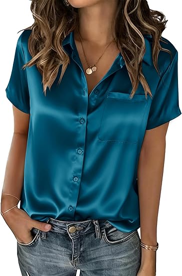 Satin Blouses for Women Silk Button Down Shirts Short Sleeve Business Casual Top