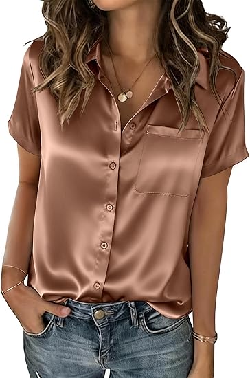 Satin Blouses for Women Silk Button Down Shirts Short Sleeve Business Casual Top
