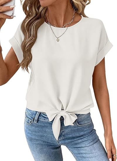 Womens Bow Knot Hem Short Sleeve Blouses Dressy Casual Summer Crewneck T Shirts Going Out Tops