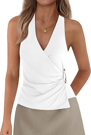 Womens Halter Top 2026 Spring Tie Wrap Sleeveless Ruched V Neck Fitted Summer Tops Backless Fashion