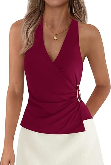Womens Halter Top 2026 Spring Tie Wrap Sleeveless Ruched V Neck Fitted Summer Tops Backless Fashion